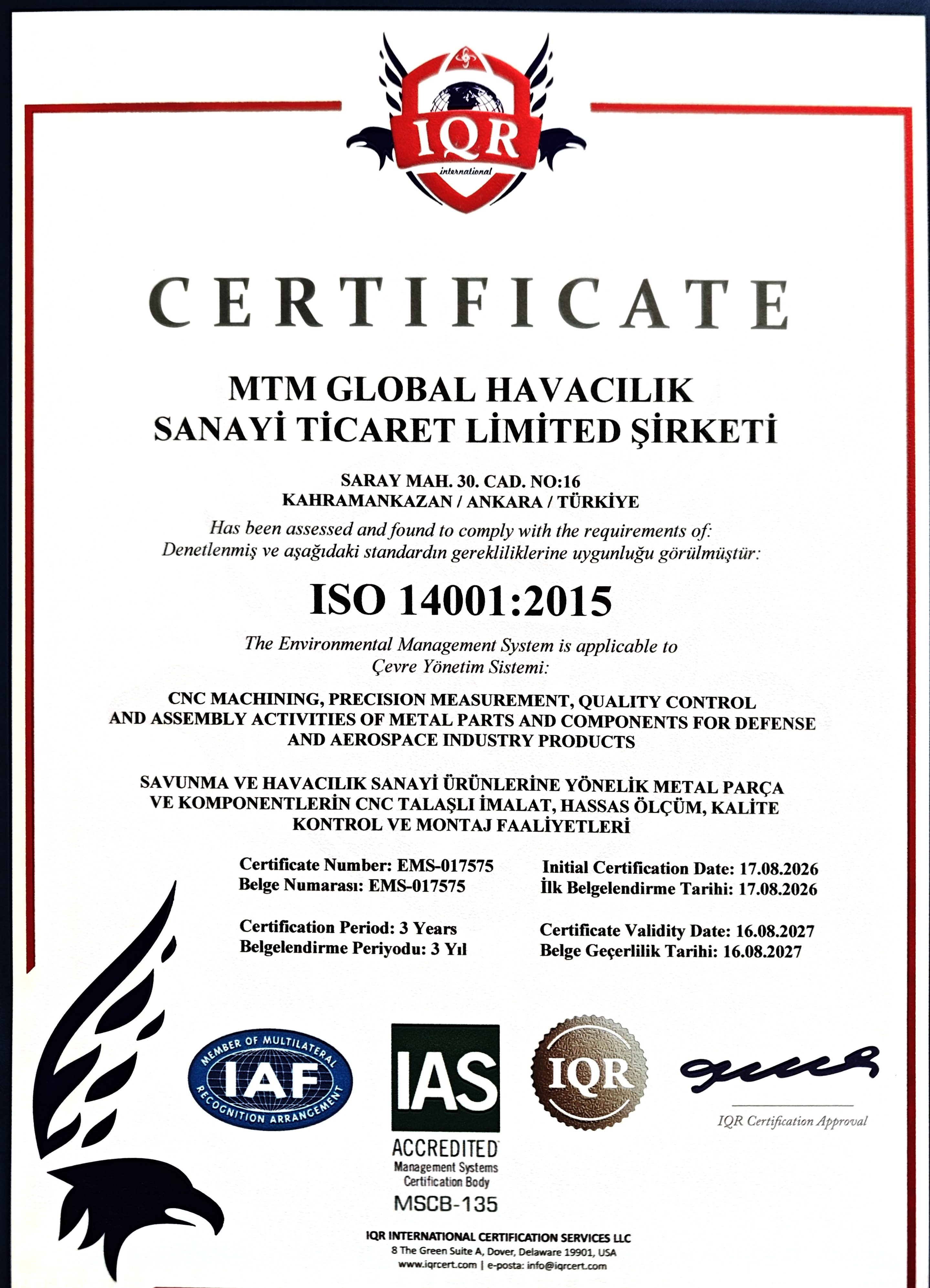 ISO 14001:2015 Sertifikası